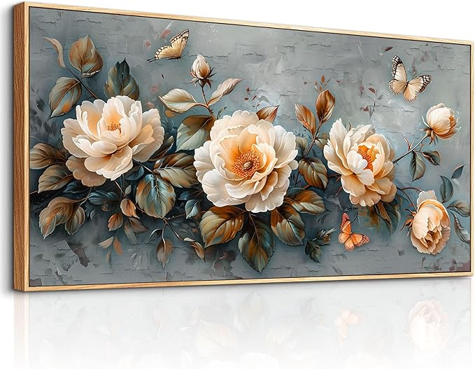 PHAOHUAXM Wall Art For Living Room Large Canvas Wall Decoration For Bedroom White Ink-Wash Flower Wood Frame Paintings Office Restaurant Room Mural Printing Artwork Ready To Hang Home Decor 24"X48"