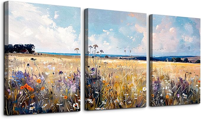 TTHYUEWS Wall Art For Bedroom Canvas Wall Decor For Living Room Field Scenery Wall Paintings Abstract Pictures Office Decorations Framed Prints Artworks Modern Bathroom Room Home Decor 3 Piece