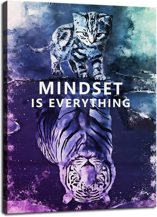 Inspirational Wall Art Posters Big Tiger Pictures Small Cat Canvas Painting Mindset is Everything Print Poster Artwork Wooden Home Decor for Living Room Gym Office Framed Ready to Hang[18" W x 24" H]