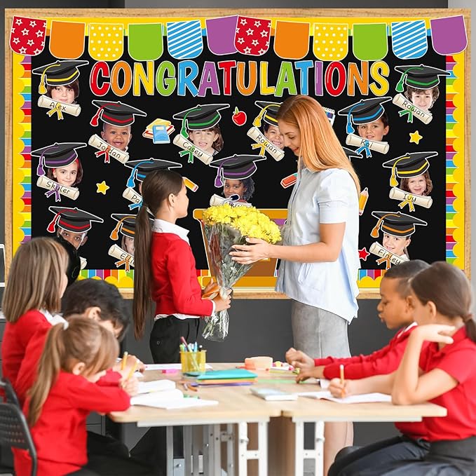 gisgfim Graduation Bulletin Board Decorations Set Congratulations Grad Paper Cutouts Graduation Cap DIY Photo Crafts Bulletin Board Decor for Class of 2026 School Classroom Blackboard Chalkboard Wall