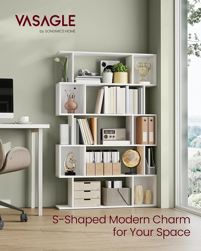 VASAGLE Bookshelf, 5-Tier Bookcase, 9.4 x 35.4 x 62.6 Inches, Storage Shelf with Open Compartments, Modern Style, for Living Room, Bedroom, Office, Matte White ULBC416W01