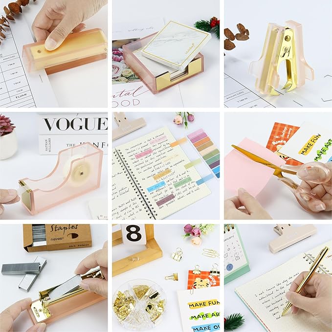 MultiBey Pink Gold Acrylic Sticky Notes Holder Stapler and Tape Dispenser Cutter with Sticky Notes, 950 Staples & Tape, Staple Remover, Scissor, Ballpoint Pen, Paper Clips Set for Women Office Home