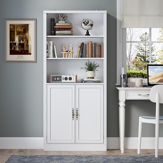 70.1" Tall Bookshelf with Cabinet, 5-Tier Floor Standing Bookcase with Doors & Adjustable Shelves, 31.5" Wide Storage Shelf, Metal Handles, Modern Organizer for Home Office, Living Room