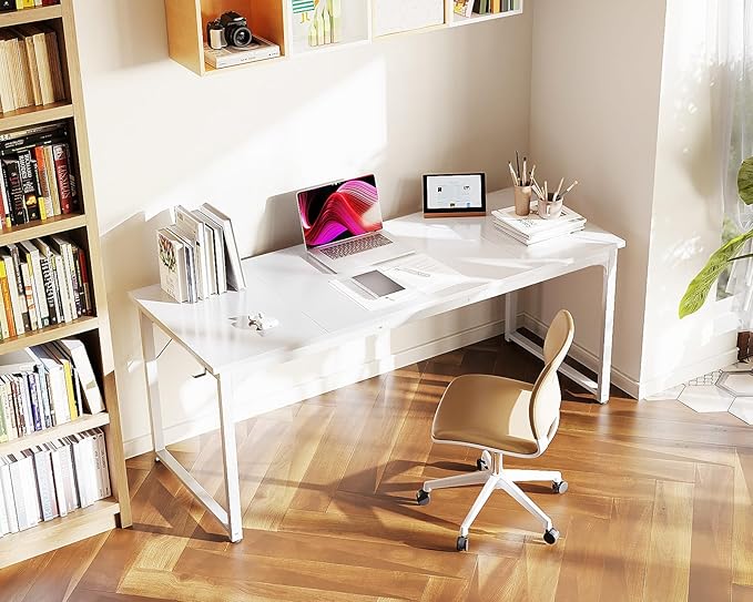 Casaottima 63 Inch Computer Desk for Home Office, Study Writing Table for Small Spaces, Simple Modern Desk with Headphone Hooks, White