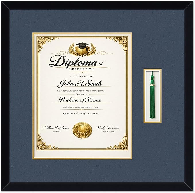 CountryArtHouse Diploma and Tassel Frame Fits 11 x 14 College Diploma (Portrait) with Tassel Matte Black Genuine Hardwood Shadowbox with Navy Blue Over Metallic Gold Double mat
