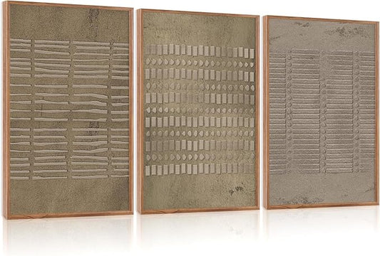 Large Abstract Brown Beige Framed Canvas Wall Art,Modern Lines Dots Wall Decor,Boho Neutral Minimalist Artwork,Mid Century Geometric Art Print for Living Room,Bedroom,Office- 24"x36"x3