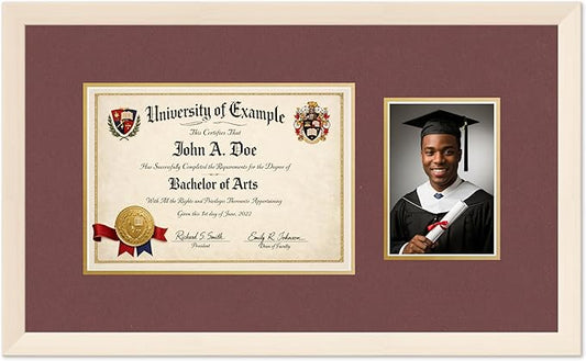 CountryArtHouse Fits 11.69 x 8.27 A4 Certificate and 5 x 7 Photo Diploma and Photo Frame Coastal Whitewash Genuine Hardwood with Dark Red Over Metallic Gold Double mat