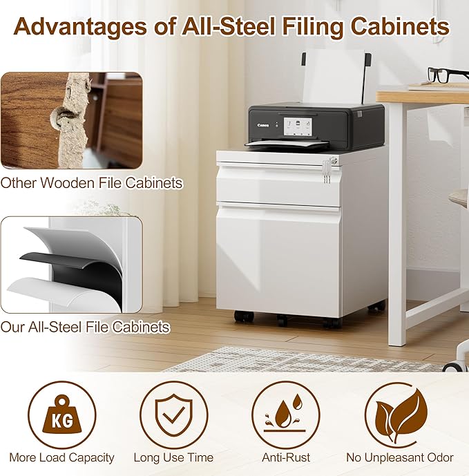 2 Drawers File Cabinet, Metal Filing Cabinet with Lock, Mobile File Cabinet, Fully Assembled Except Casters, for Home Office, for A4, Letter, Legal File Folders, White