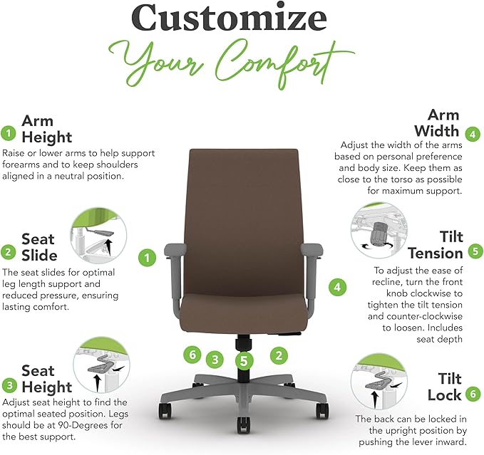 HON Ignition 2.0 Fabric Office Chair, Upholstered, Adjustable Arms, Standard Synchro-Tilt Recline Executive Ergonomic Office Chair, Titanium Frame, Bark