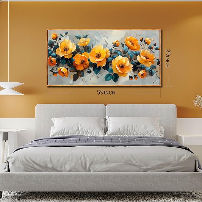 AOZEMI Yellow Wall Art Modern Artwork Blue Home Decorations Room Decor Flower Art for Living Room 29"x59"in Wall Pictures