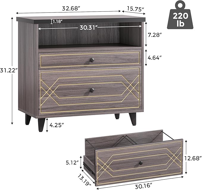 Lateral File Cabinet with Shelf, 2 Drawer Filing Cabinet for A4/Letter/Legal Size, Modern Industrial Office Storage Cabinet Printer Stand for Home Office, Gray Brown