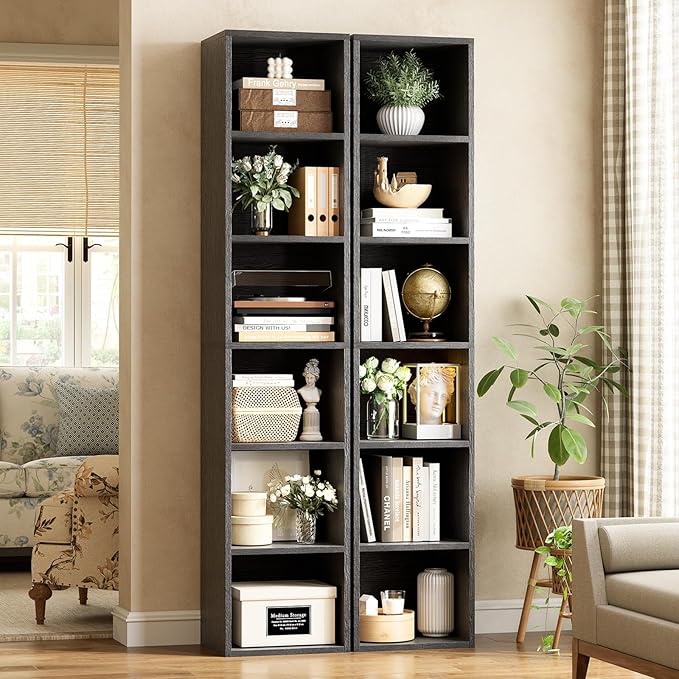 Narrow Bookshelf & Bookcase Set of 2, 6-Tier Floor Standing Open Book Shelf, Modern Corner Bookshelf with Storage Space, 71.5" Tall Bookshelves for Bedroom, Living Room and Office, Black