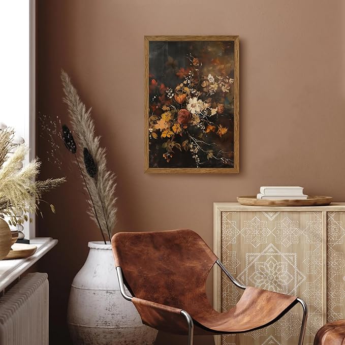 AVECCO Framed Dark Academia Vintage Flowers Canvas Wall Art, Nature Botanical Painting Wall Decor, Farmhouse Floral Plant Art Prints for Bathroom Bedroom Living Room Office Home Ready to Hang 16x24 In