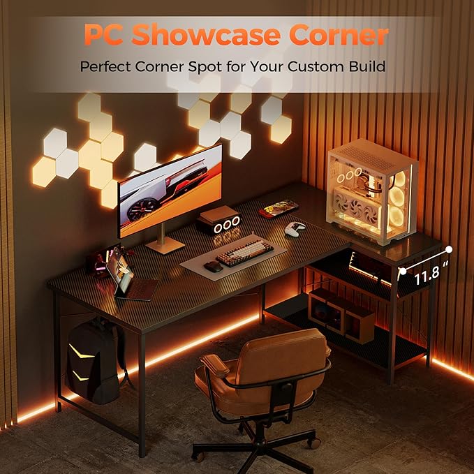 Mericonia Small L Shaped Computer Desk, Reversible Gaming Desk with Storage Shelves, Corner Gamer Desk Table, Study Writing Table