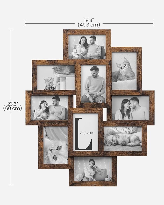 SONGMICS 4x6 Collage Picture Frames, 10-Pack Photo Collage Frame for Wall Decor, Glass Front, Assembly Required, Rustic Brown URPF020X02
