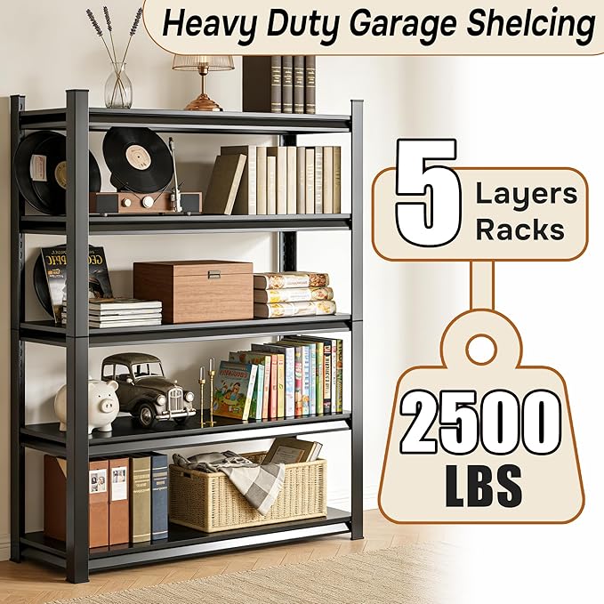 Industrial 5-Shelf Bookcase: Extra Wide & Tall Metal Bookshelves, Adjustable for Large Spaces - Bedroom/Library/Home Office Storage, Black