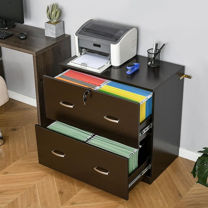 2 Drawer File Cabinet with Lock, Home Office Filing Organizer, for Letter Legal A4 Size Labeled Folders File Folder Storage, Wood Lateral Filing Cabinet (Espresso-D16.5*W29.25*H28.25in)