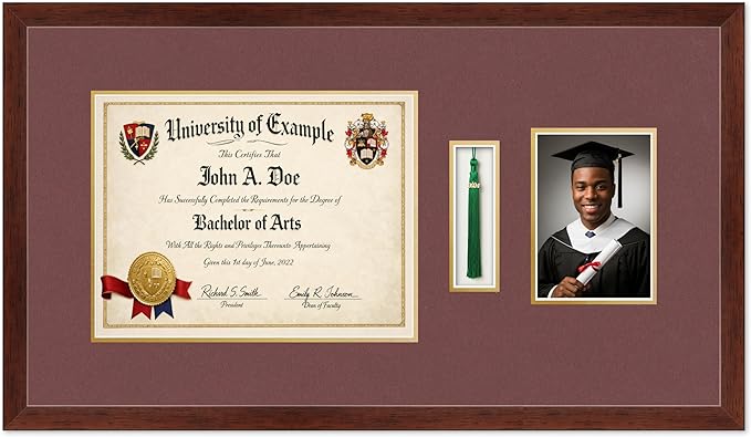 CountryArtHouse Diploma Tassel and Photo Shadowbox Fits 13 x 10 College Diploma (Traditional) with Tas Rustic Walnut Genuine Hardwood with Dark Red Over Metallic Gold Double mat
