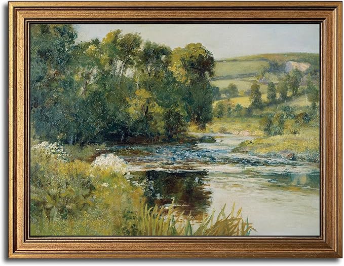 Gold Framed Wall Art Vintage River Canvas Wall Art Nature Landscape Antique River Artwork Prints Picture for Living Room Bedroom Farmhouse Bathroom Office Decor, 12x16