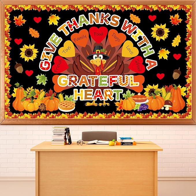 Fall Thanksgiving Turkey Bulletin Board Decorations Set Autumn Grateful Classroom Decor Thankful Maple Leaf Heart Paper Cutout for Harvest Party Back to School Classroom Chalkboard Wall Supplies Favor