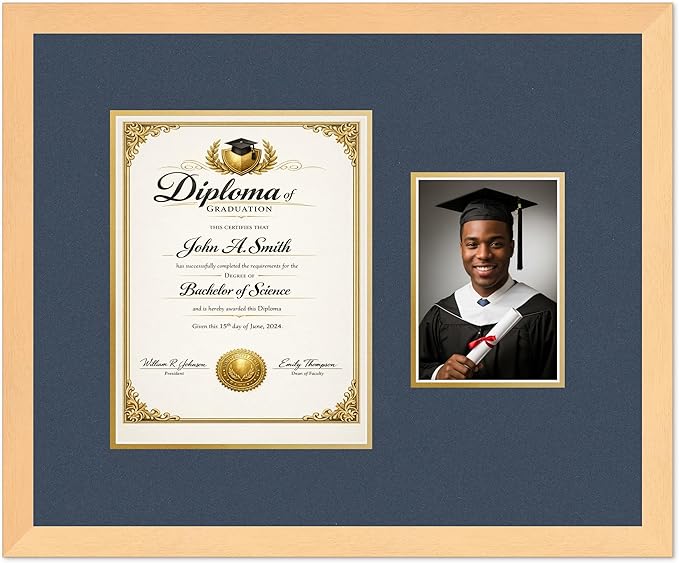 CountryArtHouse Fits 8.5 x 11 Certificate (Portrait) and 5 x 7 Photo Diploma and Photo Frame Natural Wood Genuine Hardwood with Navy Blue Over Metallic Gold Double mat