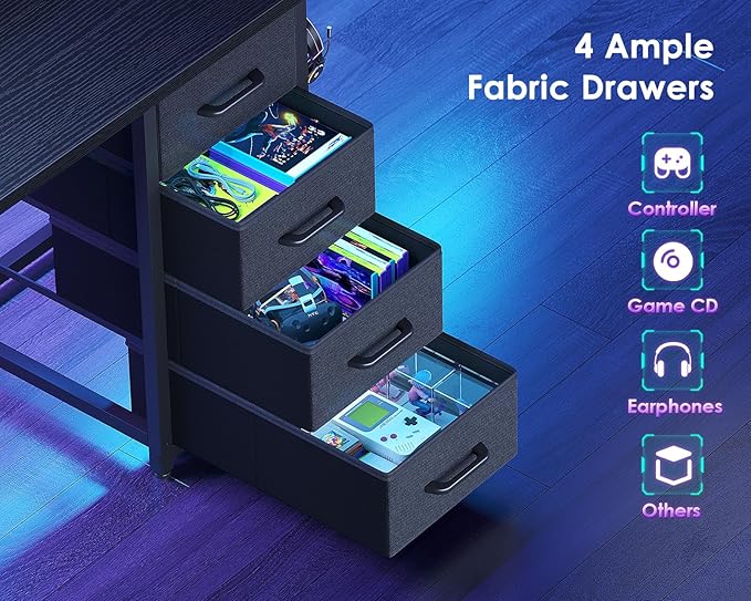 ODK 55 Inch Computer Gaming Desk with Power Outlets & 4 Drawers, Home Office Desk with Monitor Stand & Printer Shelves, Black