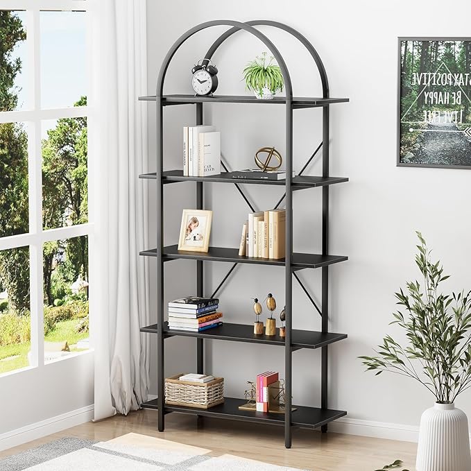 Arched Bookshelf 5 Tier Book Shelf, 31.5 Inch Width Industrial Arch Bookcase, Curved Tall Bookshelf with Open Shelves for Home Office, Living Room, Bedroom, Black