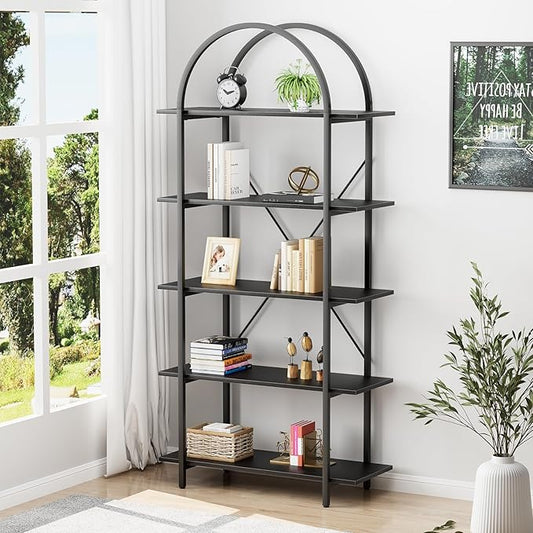 Arched Bookshelf 5 Tier Book Shelf, 31.5 Inch Width Industrial Arch Bookcase, Curved Tall Bookshelf with Open Shelves for Home Office, Living Room, Bedroom, Black