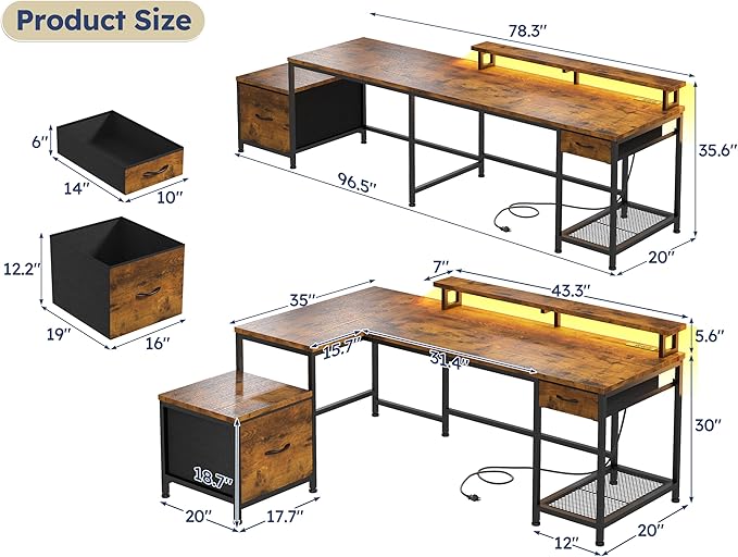 96.5''Office Desk with LED Lights, L Shaped Gaming Desks with Power Outlets, Two Person Computer Desk with Drawers & Monitor Shelf for Home Office, Study Room and Bedroom, Rustic Brown