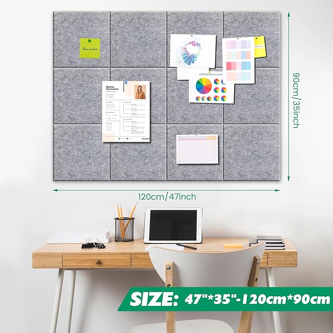 Large Cork Board Alternative - 11.8"x11.8"x0.35" 12 Pack Felt Wall Tiles Self-Adhesive Safe Removable Large Corkboard Bulletin Board Felt Cork Board for Walls or Office 48 x 36-Light Gray