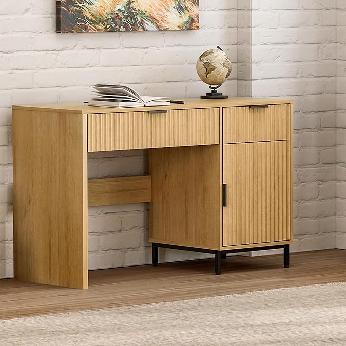 47" Executive Desk with Fluted Drawers, Wooden Home Office Desk with Storage Cabinet, Charging Station, Metal Legs Modern Farmhouse Computer Desk for Work, Study Natural Oak