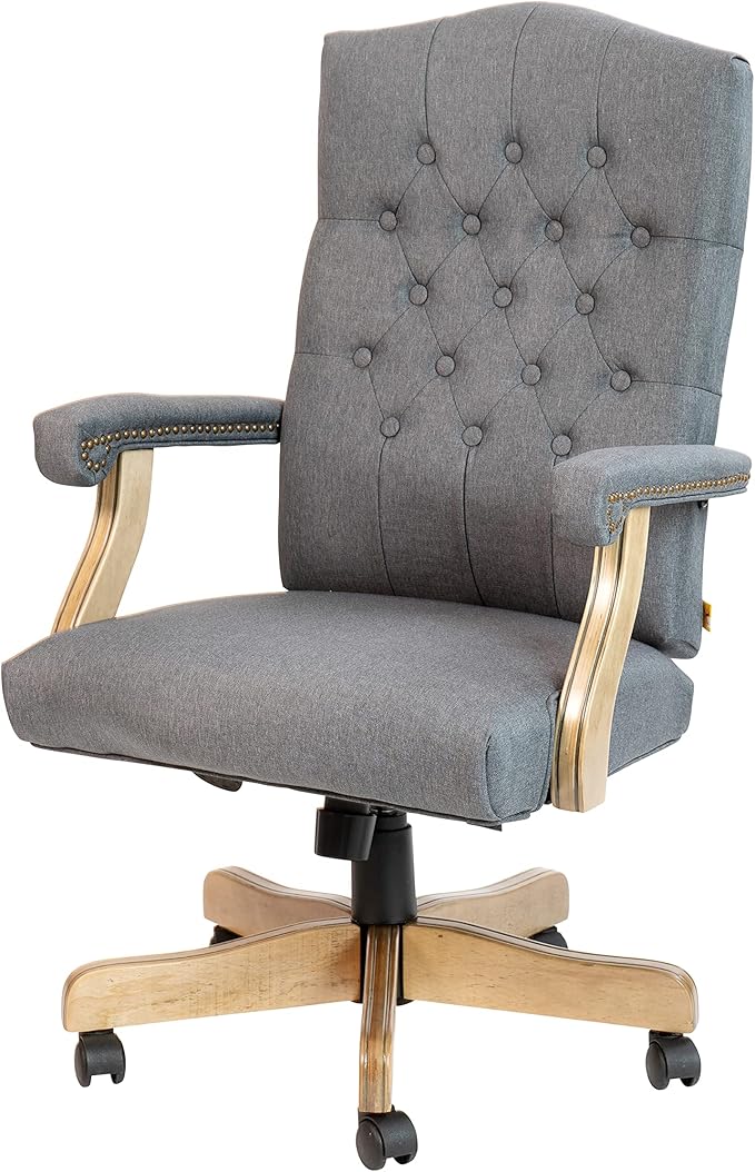 Flash Furniture Derrick Traditional Office Chair - Gray Fabric Tufted Swivel Office Chair - Home Office Desk Chair with Driftwood Base