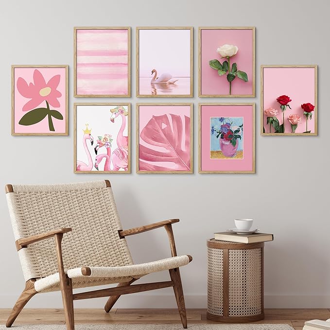 SIGNWIN Framed Poster Bathroom Decor 11"x14"x 8 Natural, Wall Art Room Decor Multicolor for Living Room, Bedroom, Office Pink Swan Botanical Flower Daisy Rose Monstera Nature Abstract Shapes