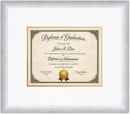 Diploma Frame Stainless Silver with Oyster Shell Over Gold Double Mat - Fits 10 x 8 Professional License Wall Display Made in the USA