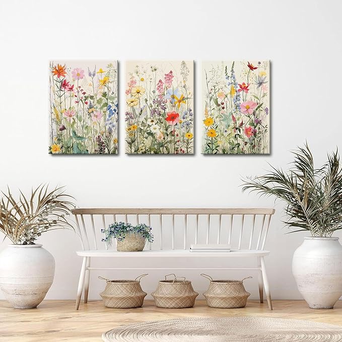 KISSFOX 3 Piece Watercolor Flower Framed Wall Art Decor Colorful Botanical Wildflower Pictures Paintings Wall Decor Modern Minimalist Floral Canvas Art Prints Artwork For Bedroom Living Room Bathroom
