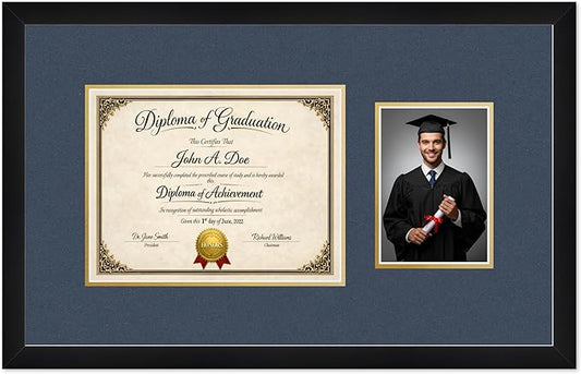 Diploma Frame With Photo Opening Matte Black Navy Blue Over Gold Mat - Fits 11 x 8.5 Degree and Picture Made in the USA