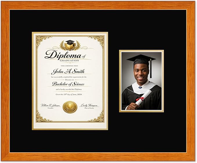 CountryArtHouse Fits 8.5 x 11 Certificate (Portrait) and 5 x 7 Photo Diploma and Photo Frame Honey Oak Genuine Hardwood with Black Over Metallic Gold Double mat