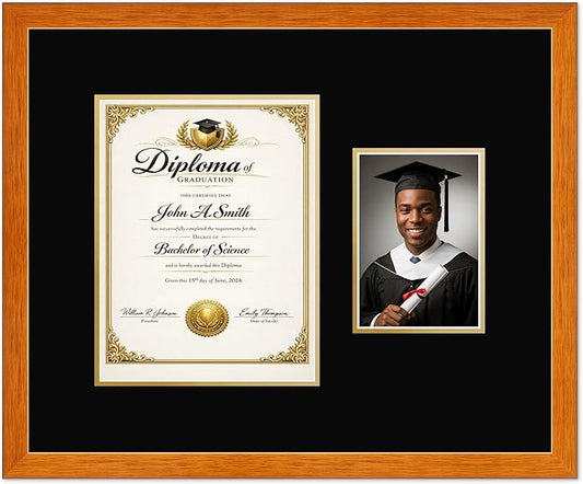 CountryArtHouse Fits 8.5 x 11 Certificate (Portrait) and 5 x 7 Photo Diploma and Photo Frame Honey Oak Genuine Hardwood with Black Over Metallic Gold Double mat