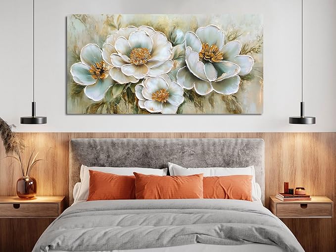 Arjun Vintage Wall Art Canvas Flower for Living Room, Rustic Floral Painting Bedroom Teal Gold Textured Picture Framed Artwork Dining Room Kitchen Home Office Wall Decor, Extra Large 58"x29"