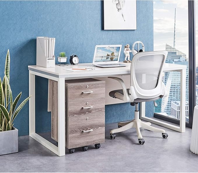 Bonnlo 26"H 3 Drawer File Cabinet With Lock, Rolling Under Desk, Mobile for Home Office, Wood Printer Stand for Letter Size Filings, Assembly Required, Gray Oak