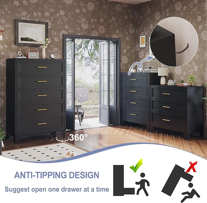 3 Drawer Metal File Cabinet, Bedroom Dresser Drawers, Multi-Functional Accent Drawers Cabinet, Lateral File Cabinets for Collection and Storage Small Size Files (Black)