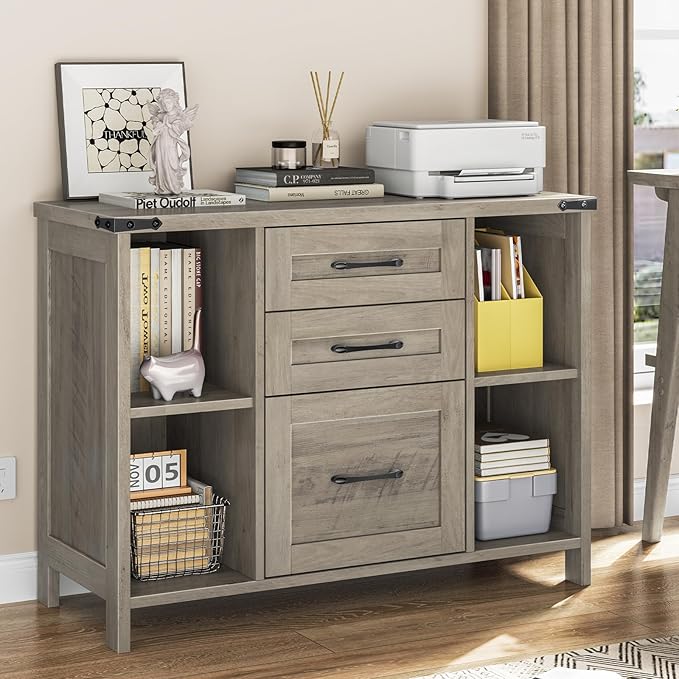 Farmhouse File Cabinet, Lateral Filing Cabinet with 3 Drawers for Letter/A4 Size Hanging Files, Large Wooden Printer Stand with Adjustable Shelves for Home Office, Rustic Grey