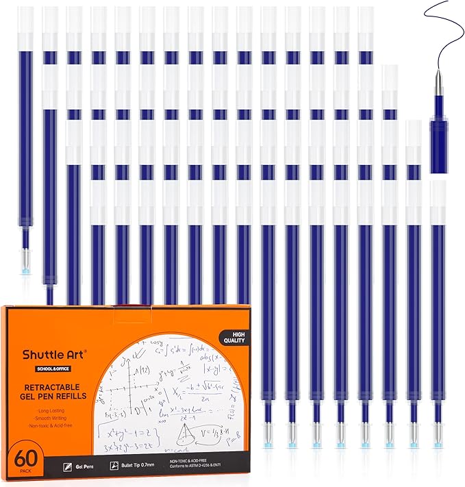 Retractable Gel Pen Refills, Shuttle Art 60 Pack Blue Rollerball Gel Ink Pens Refills, Bulk Set, 0.7mm Fine Point for Writing Journaling Taking Notes School Office Home