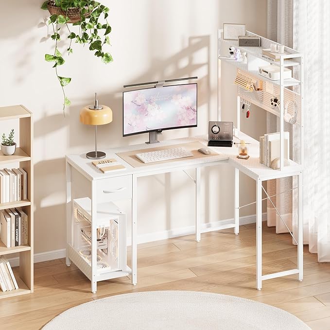 Apicizon L Shaped Gaming Desk 53", Reversible Corner Computer Desk with LED Lights, Carbon Fiber Surface, Pegboard with Hooks, Drawer & PC Tower Stand, USB Charging Port