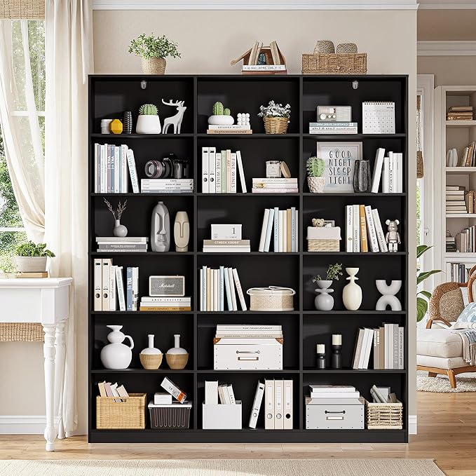 71.6” Tall Bookshelf, Black Bookcase with 18 Shelves, Triple Row Freestanding Display Storage Shelvesm, 6 Tier Wide Book Case for Bedroom Living Room Home Office