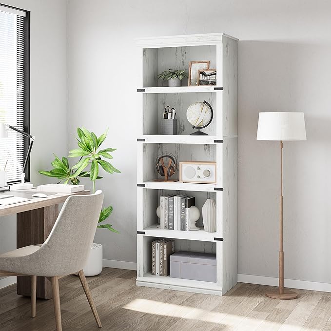 GarveeHome 5 Tier Farmhouse Bookcase, 67.4" Tall Book Shelf with Storage, Wooden Bookshelves 5 Shelf Display Shelves for Home Office(67.4" H x 31.5" W x 12.8" D) (White, 67.4" H x 24.4" W x 12.8" D)
