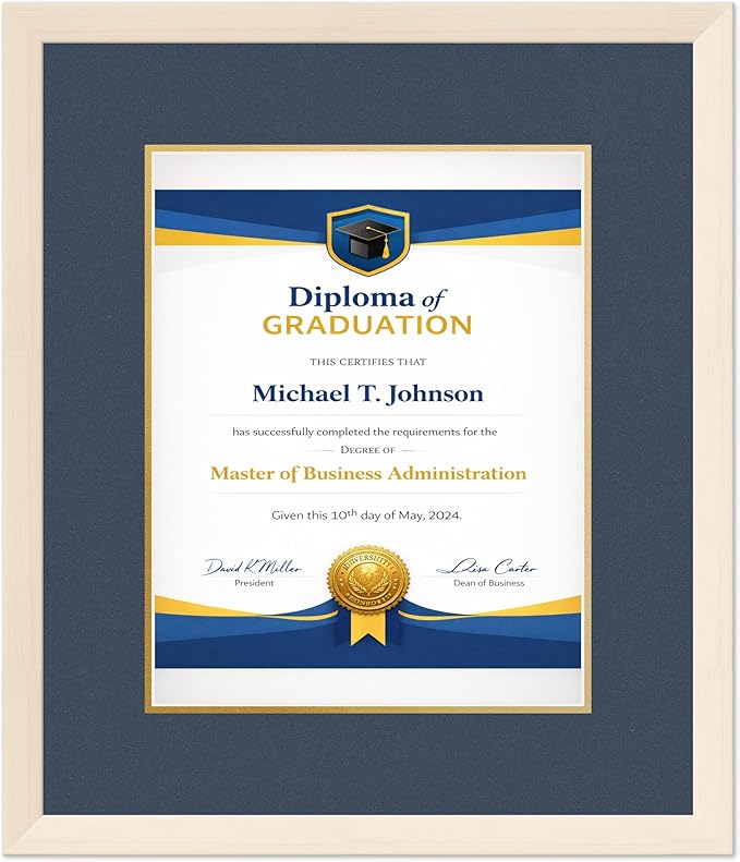 Diploma Frame Coastal Whitewash with Navy Blue Over Gold Double Mat - Fits 11 x 14 College Diploma (Portrait) Wall Display Made in the USA