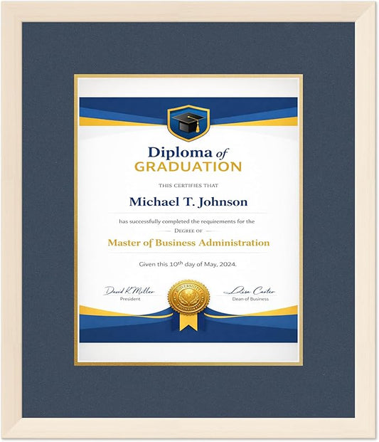 Diploma Frame Coastal Whitewash with Navy Blue Over Gold Double Mat - Fits 11 x 14 College Diploma (Portrait) Wall Display Made in the USA