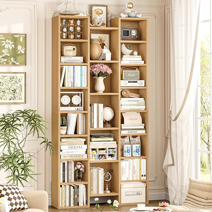 FOTOSOK 71'' Tall Bookshelf with 21 Cubes, 8 Tier Triple Wide Bookshelf with 8 Adjustable Shelves, 35" Wood Bookcase DVD/CD Media Tower Storage, Freestanding Display Shelf Cabinet, Natural