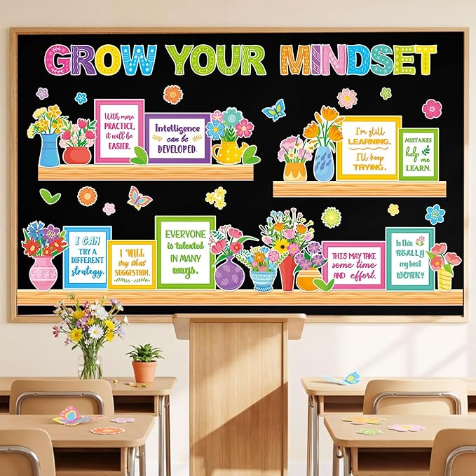 Qilery Growth Mindset Bulletin Board Set - Spring Floral Classroom Decorations & Positive Affirmation Wall Art, Motivational Potted Plant Cutouts for Teacher & Elementary School Counselor